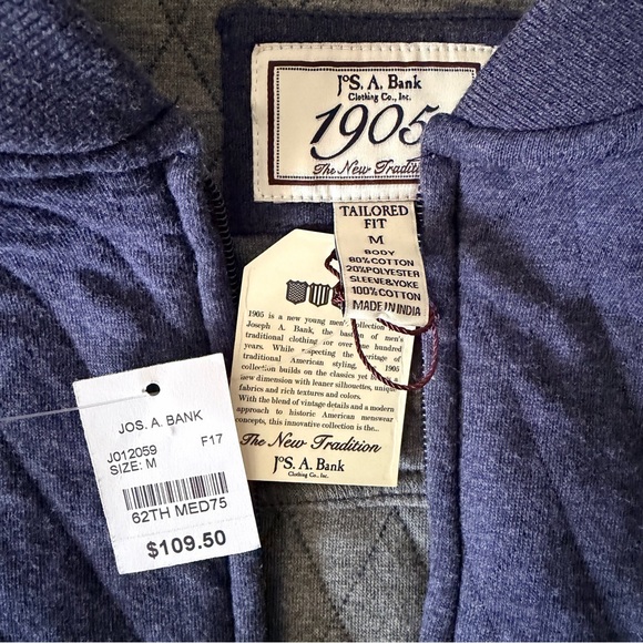 NWT Jos. A. Bank 1905 Tailored Fit Quilted Full Zip Jacket Blue M - Picture 2 of 9